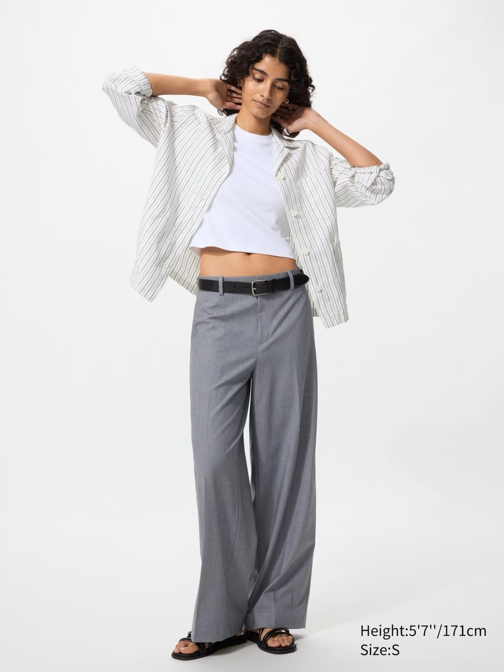Uniqlo Smart Wide Pants gray flat-front trousers with two-way stretch.